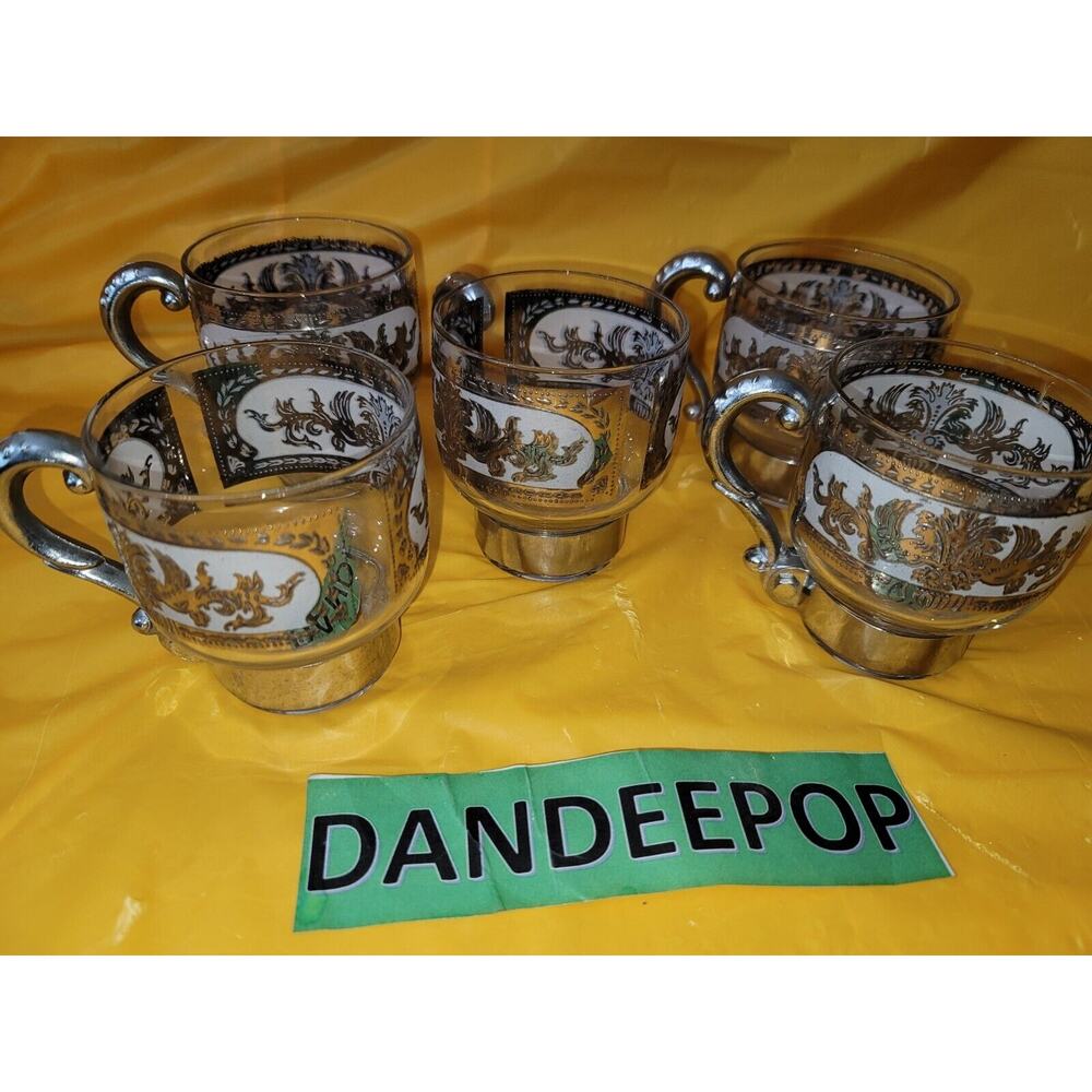 Vintage Culver 5 Piece Silver Clad Glass Coffee Cups With Removeable Handles